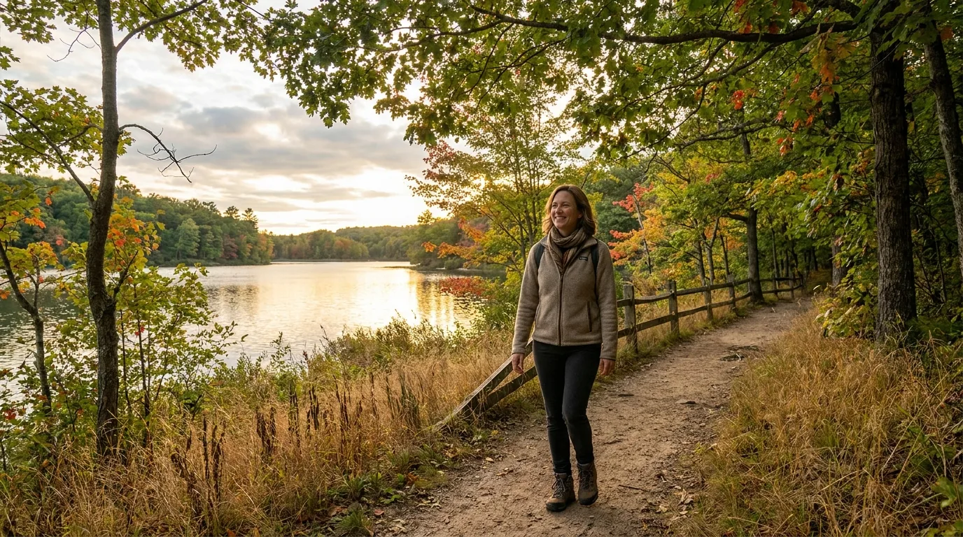 Confident Michigan woman walking a lakeside trail after making an informed decision about bioidentical hormone therapy