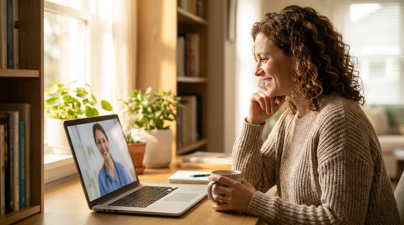 Calm telehealth consultation between a Michigan or Wisconsin woman and her nurse practitioner discussing BHRT candidacy and health history