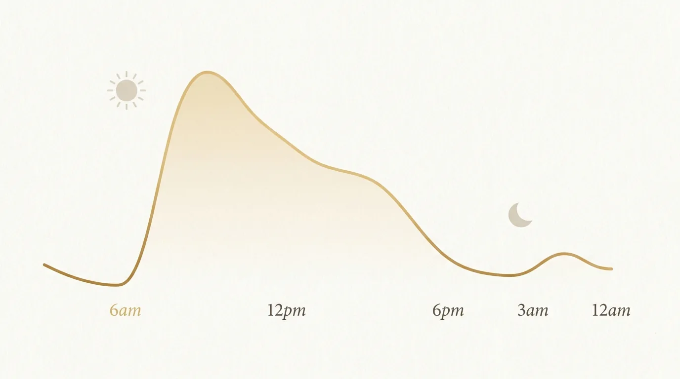 Cortisol rhythm curve over 24 hours showing the nighttime spike that causes hormonal sleep anxiety and 3am waking in perimenopause