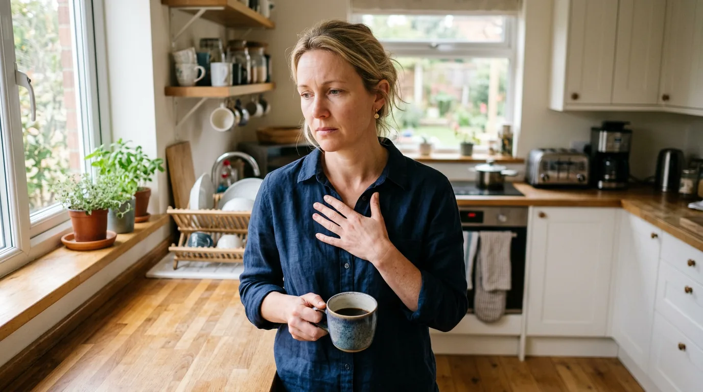 Woman in her 40s experiencing new daytime hormonal anxiety, standing overwhelmed in her kitchen