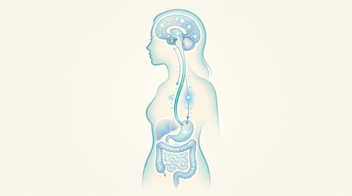 Illustration of the gut-brain appetite signaling pathway showing how GLP-1 hormones communicate satiety signals from the digestive system to the brain
