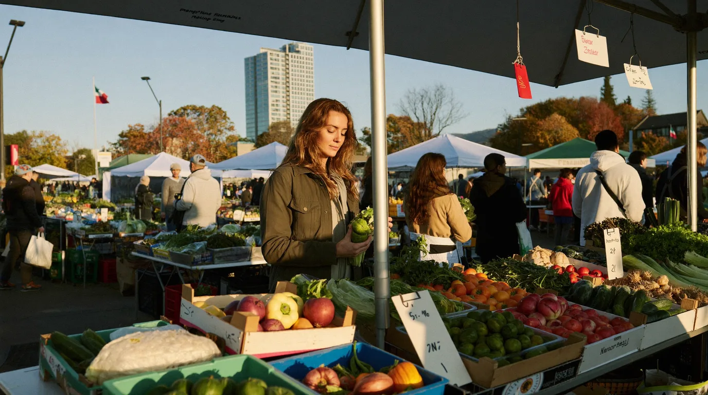 Woman shopping for fresh produce at an outdoor farmers market in Grand Rapids Michigan in early autumn