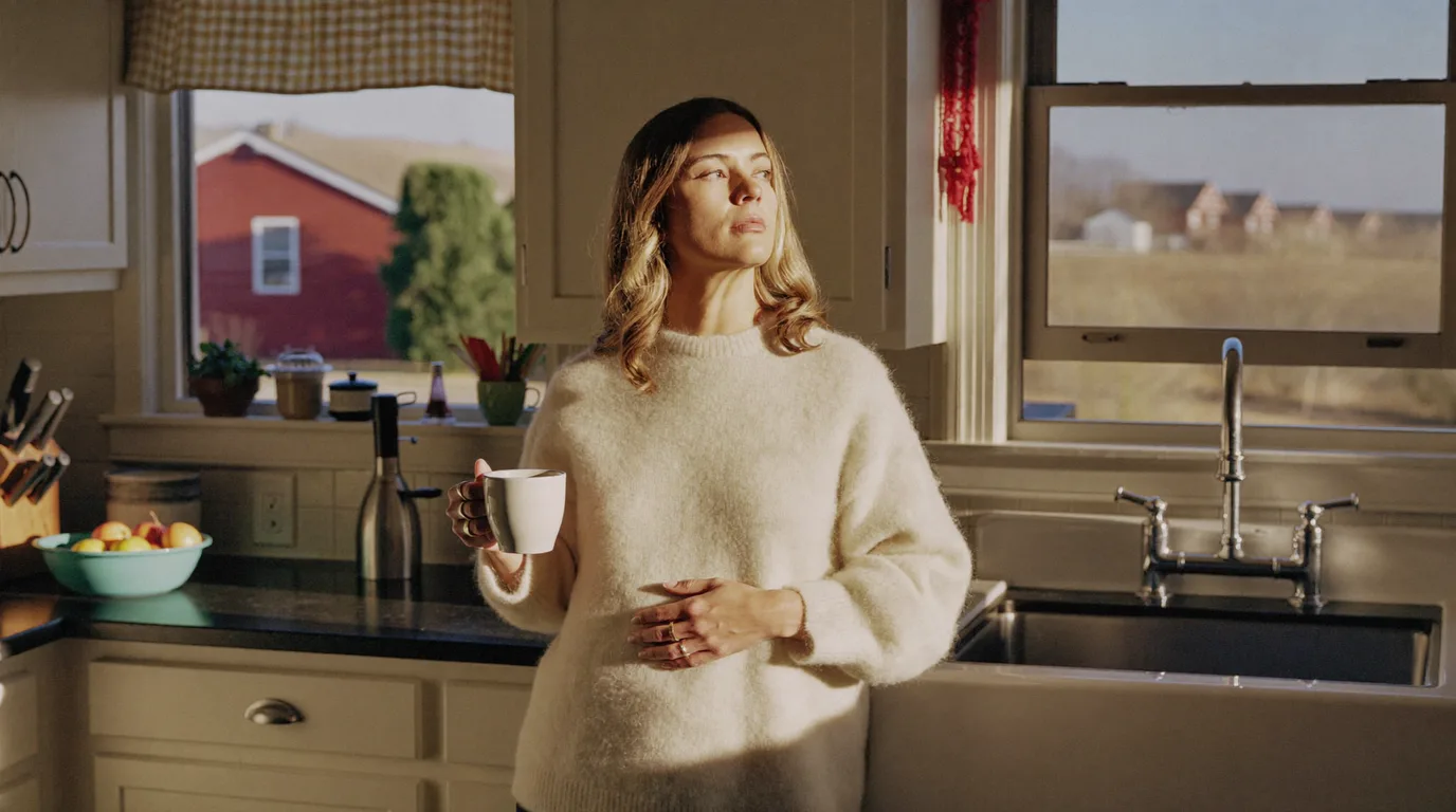 Thoughtful woman in a Michigan kitchen in morning light, hand resting on her stomach, thinking about her gut health