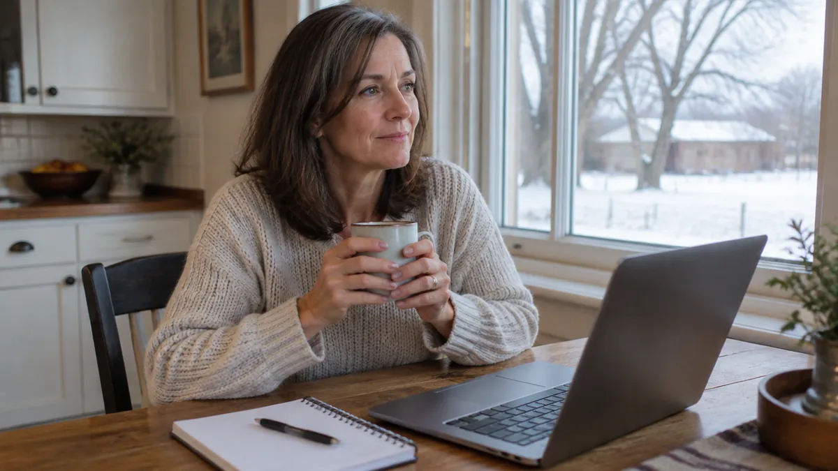 Woman in her early 50s in a Michigan kitchen reading about menopause health on a snowy morning