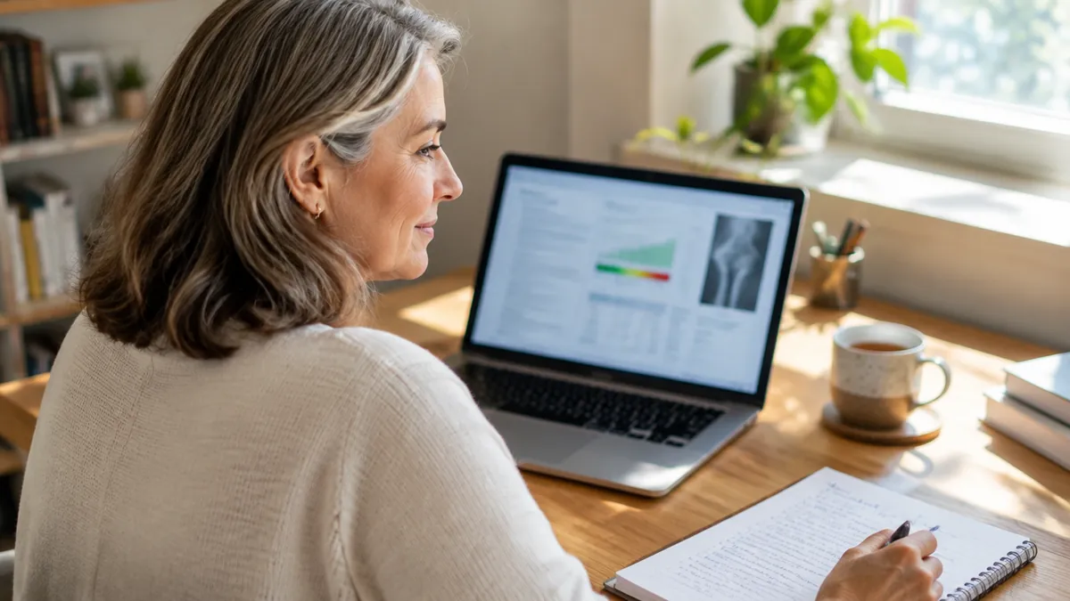 A woman in her early 50s reviewing a bone health report and handwritten questions on a laptop at a sunlit home office desk