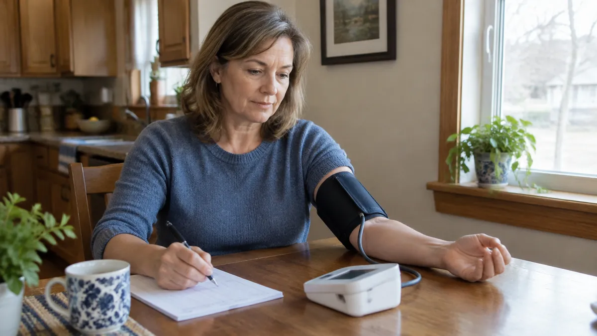 A woman in her early 50s at a kitchen table checking her blood pressure with an upper-arm home cuff while keeping a paper log