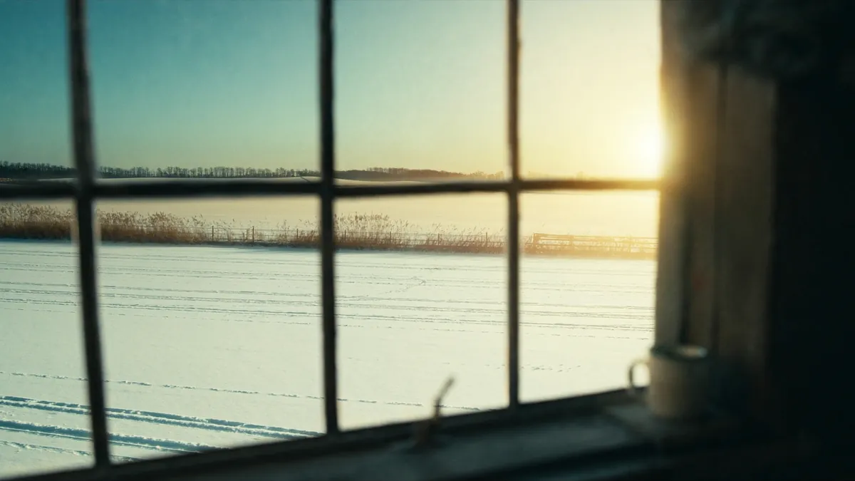 Sunrise over a snowy Wisconsin farm field seen through a farmhouse kitchen window with a mug on the sill