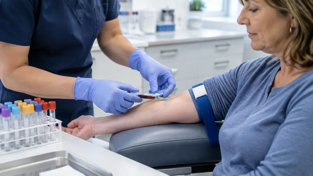 A phlebotomist's gloved hands drawing a blood sample from the arm of a woman in her fifties at a clean outpatient laboratory