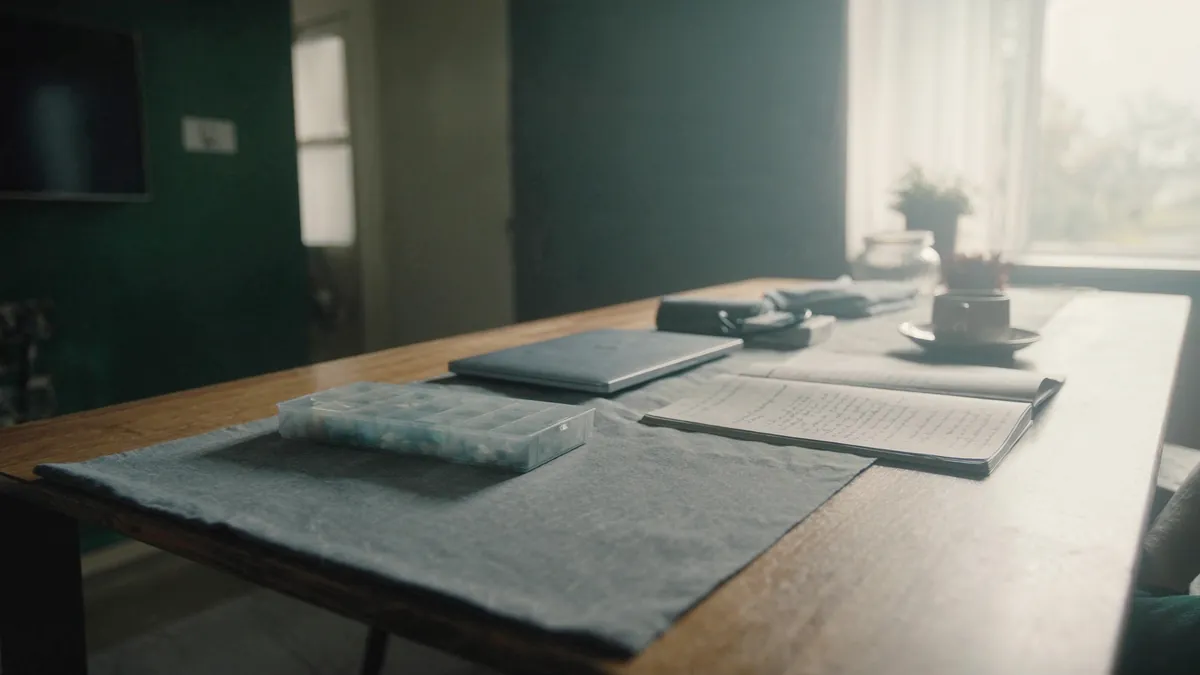 A kitchen table prepared for a medical appointment with a notebook, a home blood pressure cuff, a pill organizer, and a cup of tea