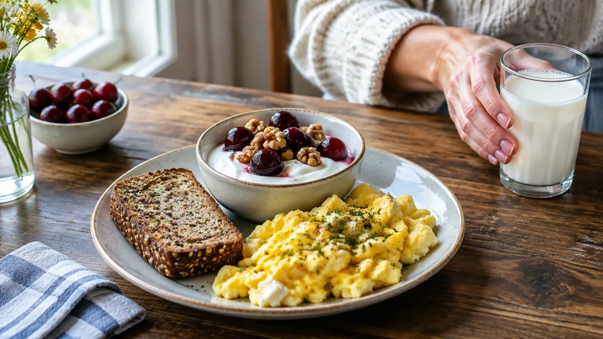 A protein-rich Midwestern breakfast of scrambled eggs, Greek yogurt with Michigan tart cherries and walnuts, seeded toast, and a glass of milk on a rustic wooden table