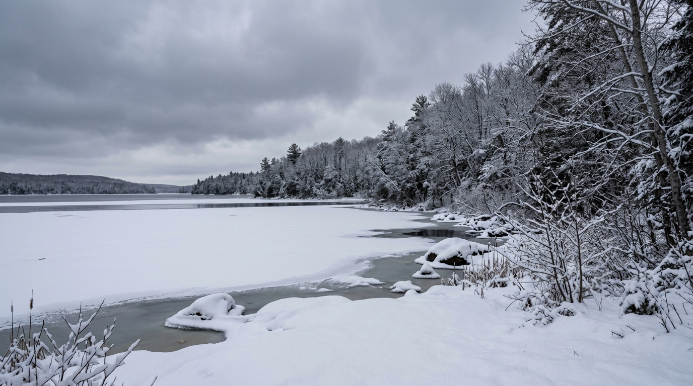 A serene Michigan winter landscape showing a snow-covered lake and trees under a grey sky, representing the long Upper Midwest winters that compound vitamin D deficiency and metabolic challenges
