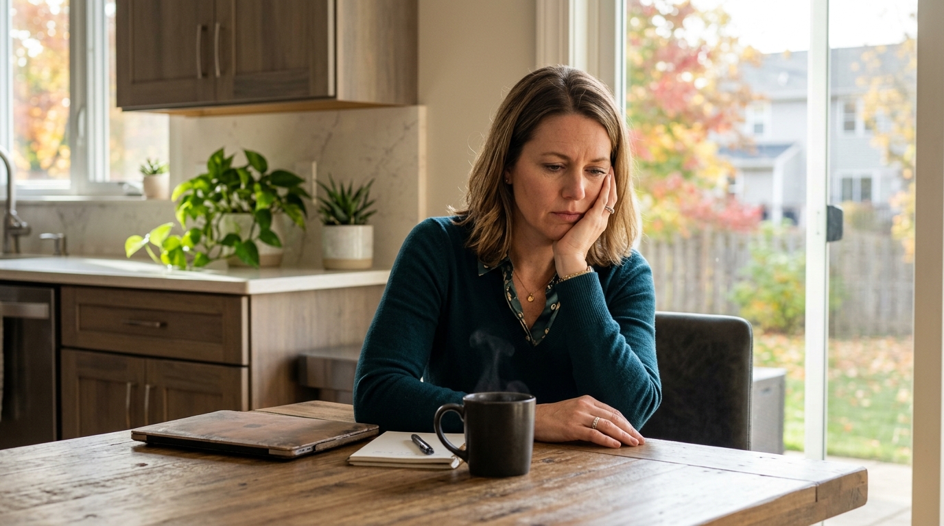 Woman in her 40s in Michigan considering weight loss options including Ozempic, sitting contemplatively at her kitchen table