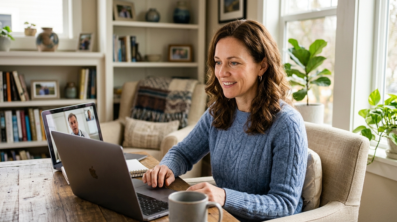 A Michigan or Wisconsin woman in her 40s having a telehealth video consultation with her functional medicine provider from the comfort of her home, looking engaged and hopeful