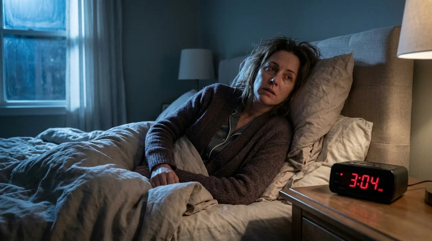 Woman in Michigan awake at 3am with hormonal sleep disruption, checking the clock beside her bed
