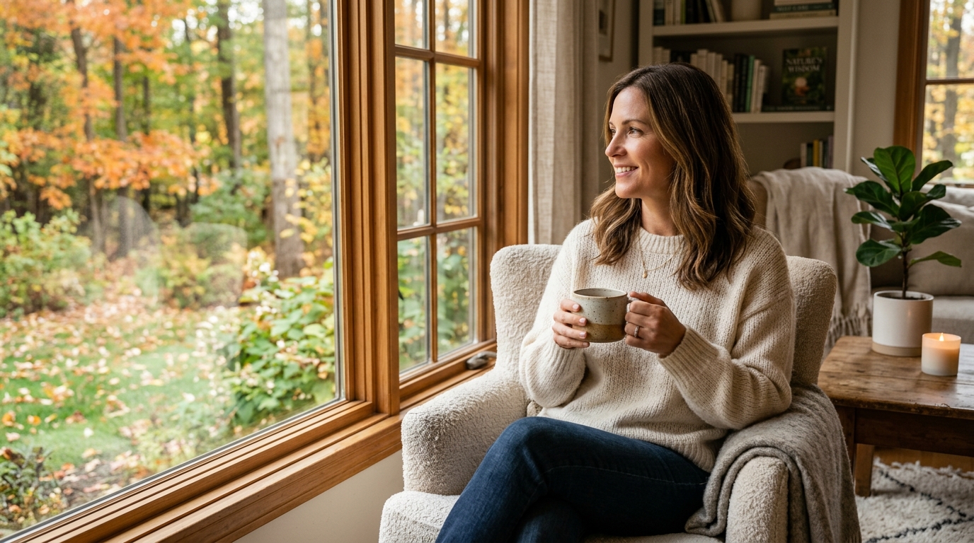 Thoughtful woman in Michigan sitting near a window reflecting on thyroid health and vitality