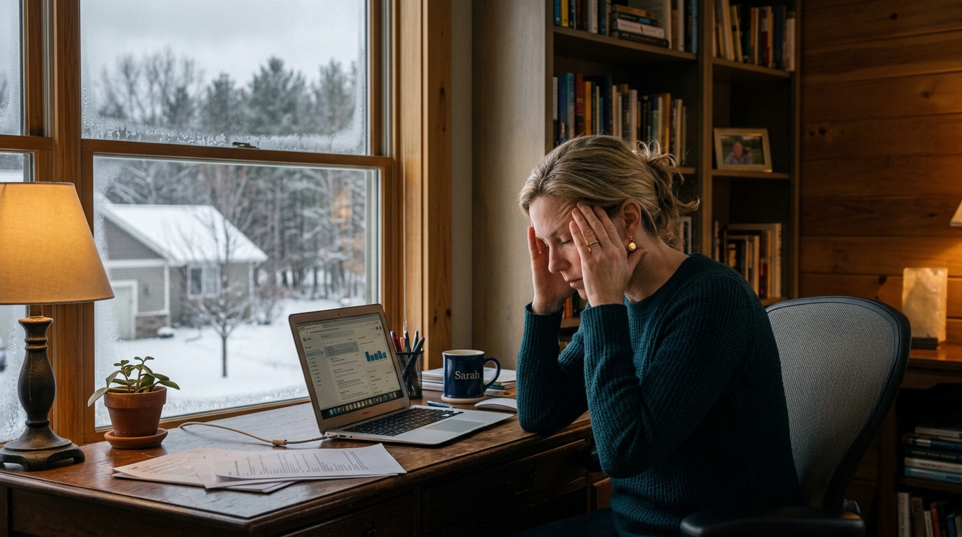 Wisconsin woman experiencing fatigue and brain fog at her home desk during a grey winter day