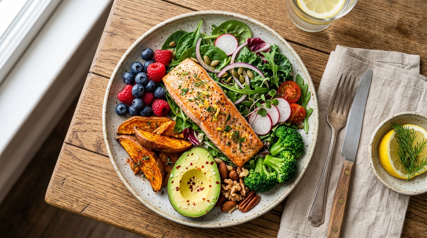 A balanced plate of anti-inflammatory whole foods including salmon, greens, avocado, and berries, representing the nutritional guidance provided in functional medicine