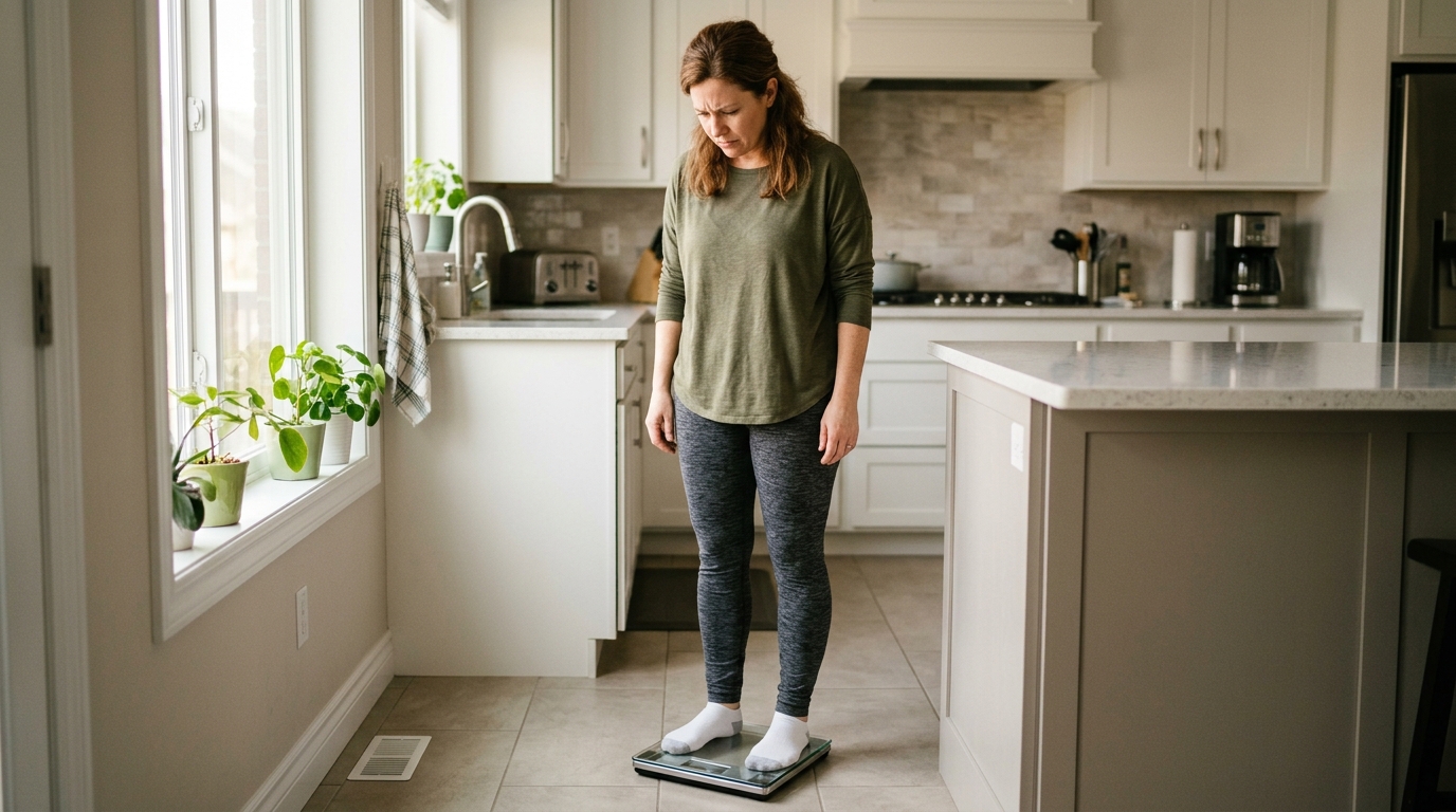 A frustrated Wisconsin woman in her 40s standing on a scale, experiencing the weight loss resistance that comes with insulin resistance and hormonal shifts